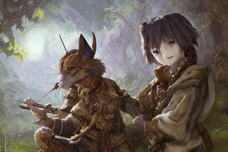 Image similar to dungeons and dragons fantasy painting, portrait of an ashigaru mouse rifleman, whimsical and cute, determined expression, watery eyes, anime inspired by krenz cushart, light grey fur, tufty whiskers, feathered arrows, bamboo forest river, dawn lighting, by brian froud jessica rossier and greg rutkowski