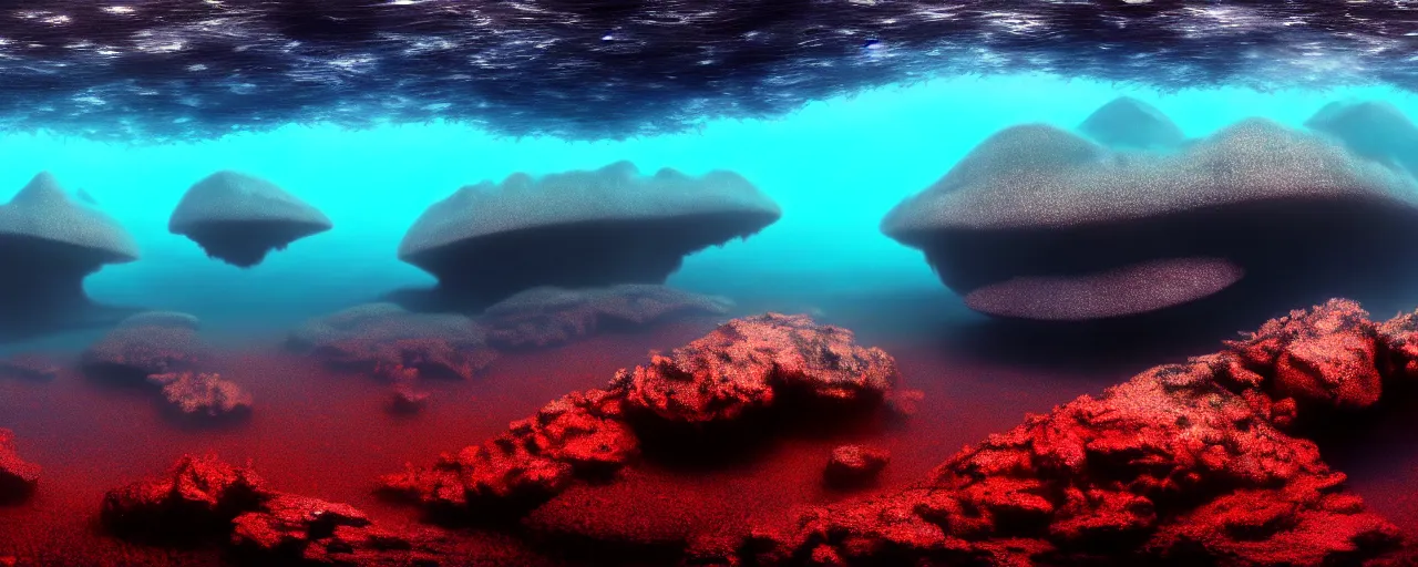 Prompt: A gorgeous detailed oil of a dark red sea covered in big blue steep rocks, a school of piranhas underwater, the further away the mistier it gets, surreal, concept art, dark aesthetic, atmospheric, moody, hyperrealism, highly detailed, masterpiece, award winning, 4k