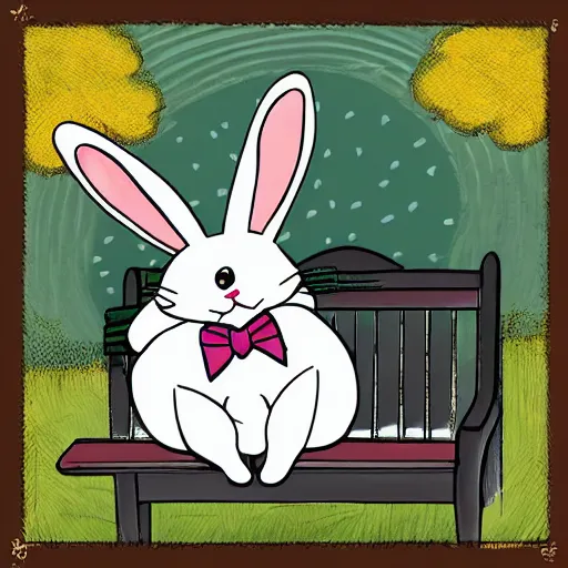 Prompt: a dapper bunny rabbit in formal wear with a monocle sitting on a park bench on a sunny day, digital art