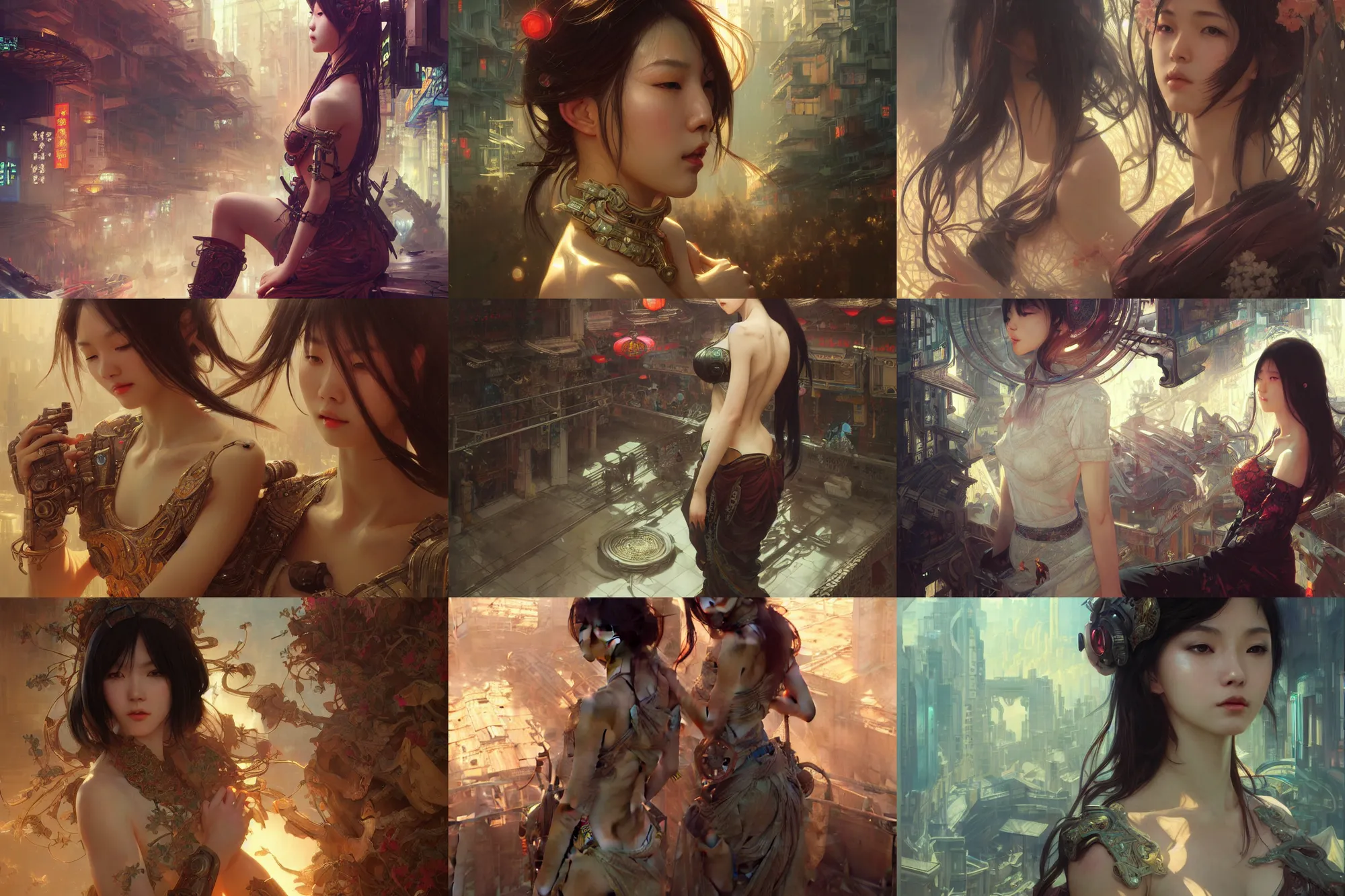 Prompt: ultra realistic beautiful kowloon techno art, beautiful alluring anime woman, gorgeous face and figure, sci - fi, intricate, elegant, highly detailed, digital painting, artstation, concept art, smooth, sharp focus, illustration, art by tian zi and yuxiang chen and alphonse mucha and greg rutkowski