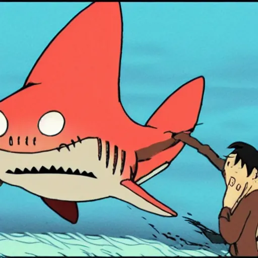 Image similar to shark with bird wings breaching water surface to eat surprised pancake person, cartoon, studio ghibli, manga, anime