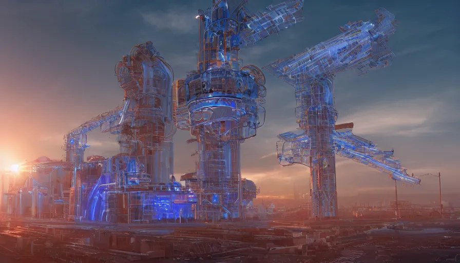 Image similar to combined cycle futuristic powerplant, blue led lights, sunrise, hyperdetailed, artstation, cgsociety, 8 k