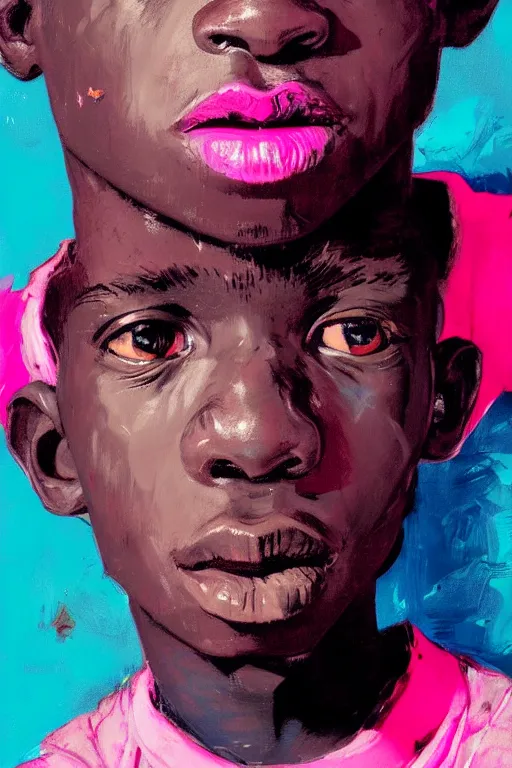 Image similar to portrait of a african young boy nor living in a death postapoliptic world, painted in acrylic, pigment, in the colors hot pink and cyan, beautiful realistic face, rule of thirds, soldier outfit, spotlight, by greg rutkowski, by jeremy mann, by francoise nielly, by van gogh, digital painting