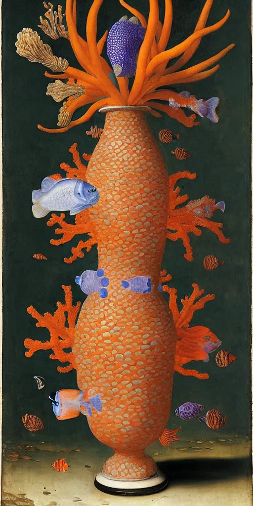 Image similar to bottle vase of coral under the sea decorated with a dense field of stylized scrolls that have opaque outlines enclosing mottled blue washes, with orange shells and purple fishes, ambrosius bosschaert the elder, oil on canvas, surrealism