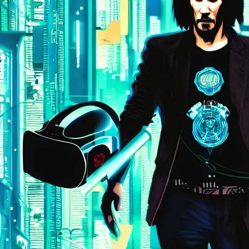 Image similar to Illustrated by Shepard Fairey and H.R. Geiger | Cyberpunk Keanu Reeves with VR helmet, surrounded by cables