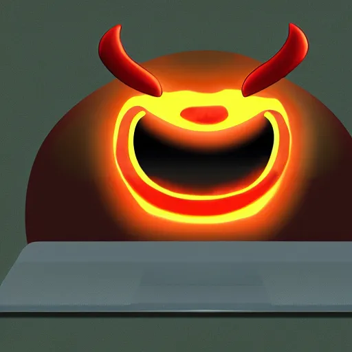 Prompt: a demon using a laptop ~ evil smile ~ lava background ~ digital art ~