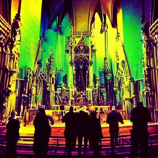 Image similar to “ a crowd of cyborgs praying to a bio - mechanical eldritch god inside a cathedral, futuristic, gothic, cyberpunk, lovecraftian, neon colors, geometric patterns, expressionist ”