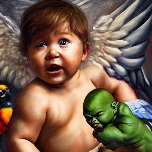 Prompt: a baby hulk with wings flying with birds, oil on canvas, portrait, intricate, 8k highly professionally detailed, HDR, CGsociety