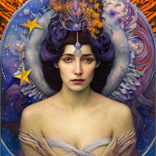 Image similar to queen of the moon with stars in her hair, by annie swynnerton and tino rodriguez and nicholas roerich and jean delville and donato giancola and tom bagshaw and evelyn demorgan and diego rivera, dramatic lighting, floral tattoos, rich colors, smooth sharp focus, extremely detailed, adolf wolfli