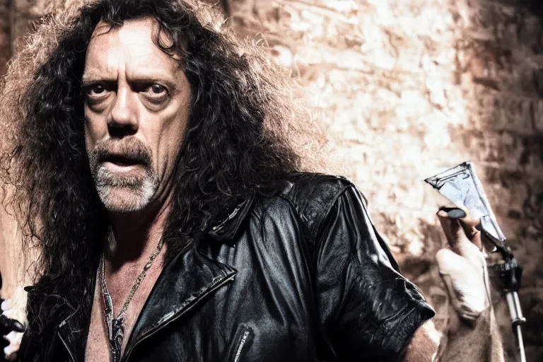 Image similar to promotional image of hugh laurie as an 80's heavy metal singer in a new movie, long curly hair, detailed face, movie still frame, promotional image, imax 70 mm footage