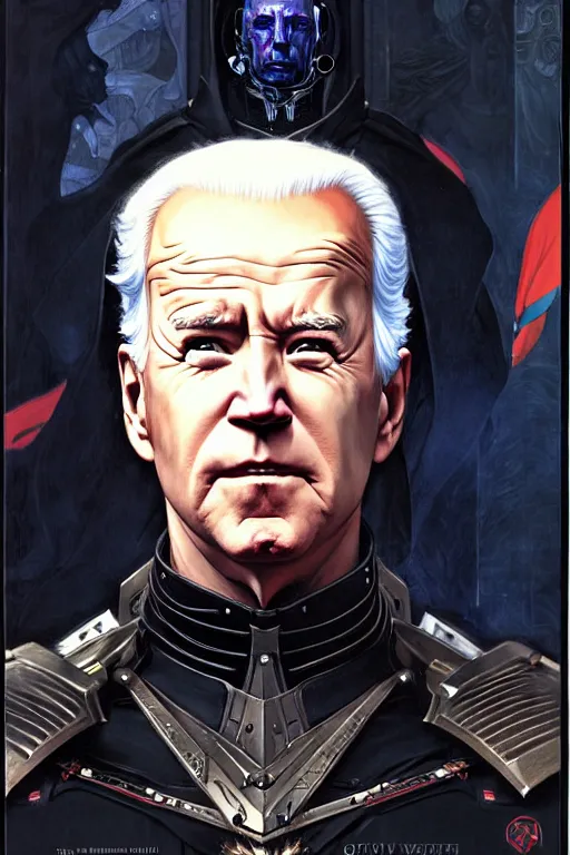 Image similar to portrait of joe biden goth cyborg with white hair in warhammer armor, art by kuvshinov ilya and wayne barlowe and gustav klimt and artgerm and wlop and william - adolphe bouguereau