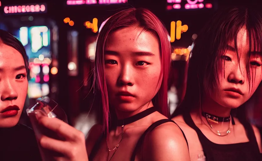 Image similar to cinestill 5 0 d photographic portrait of two female androids wearing streetwear talk at a bar in cyberpunk china, extreme closeup, modern cyberpunk, dust storm, 8 k, hd, high resolution, 3 5 mm, f / 3 2, ultra realistic faces, intricate detail, ex machina