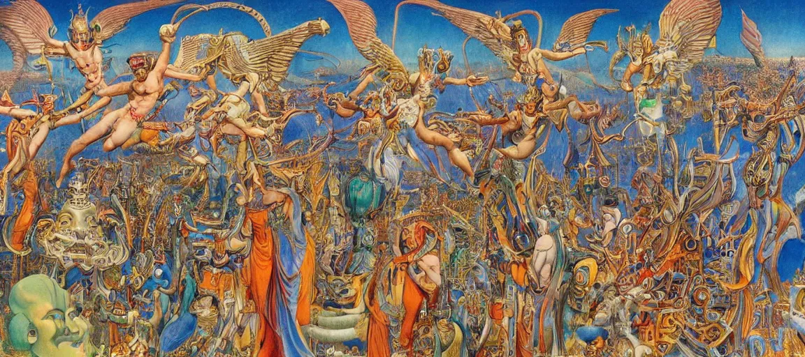 Prompt: mechanical angels descend from heaven in the middle of a small town during a carnival, surreal, majestic, epic, highly detailed, colorful, dramatic, by winsor mccay, by ernst fuchs, by boris vallejo, by francesco del cossa - h 5 1 2