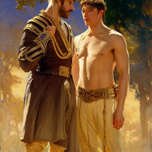 Image similar to attractive fully clothed king confesses his love for his attractive fully clothed male prince. highly detailed painting by gaston bussiere, craig mullins, j. c. leyendecker 8 k