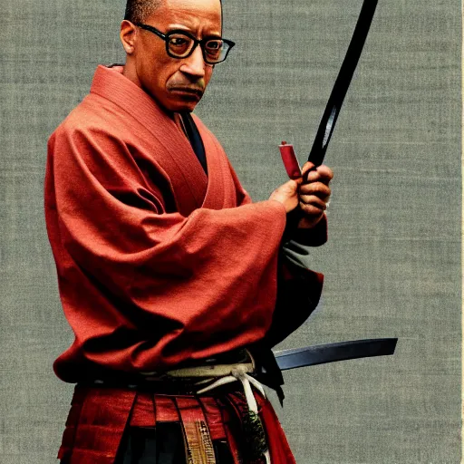 Prompt: gus fring from breaking bad wearing samurai armor and holding a katana in feudal japan, 4 k, hyper realistic, ink block painting, edo period