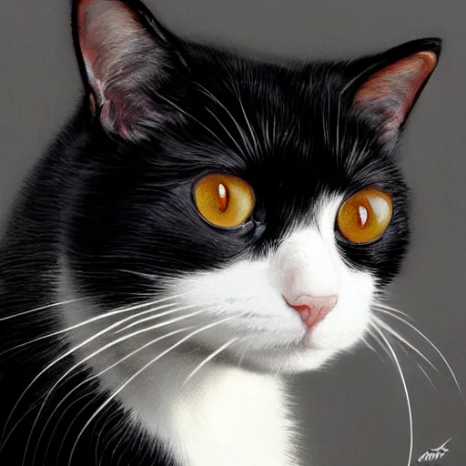 Image similar to black and white cat, with a black spot under the mouth, by Stanley Artgerm Lau, WLOP, Rossdraws, James Jean, Andrei Riabovitchev, Marc Simonetti, Yoshitaka Amano, ArtStation, CGSociety,