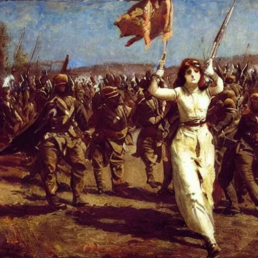 Image similar to action heroine leading an army, by alfred stevens