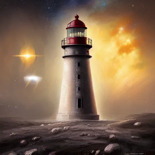 Image similar to the lighthouse in the middle of the galaxy , wide angle shot, diffuse lighting, fantasy, intricate, elegant, highly detailed, lifelike, photorealistic, digital painting, illustration, concept art, smooth, sharp focus, A24!film cinematography