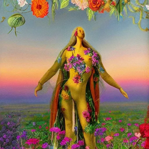 Prompt: A painting with a world of various flowers and plants, in which there is a figure of a human, dressed in something magical and impressive, inside this clothes infinity is all in sunset light, Atmospheric Phenomenon