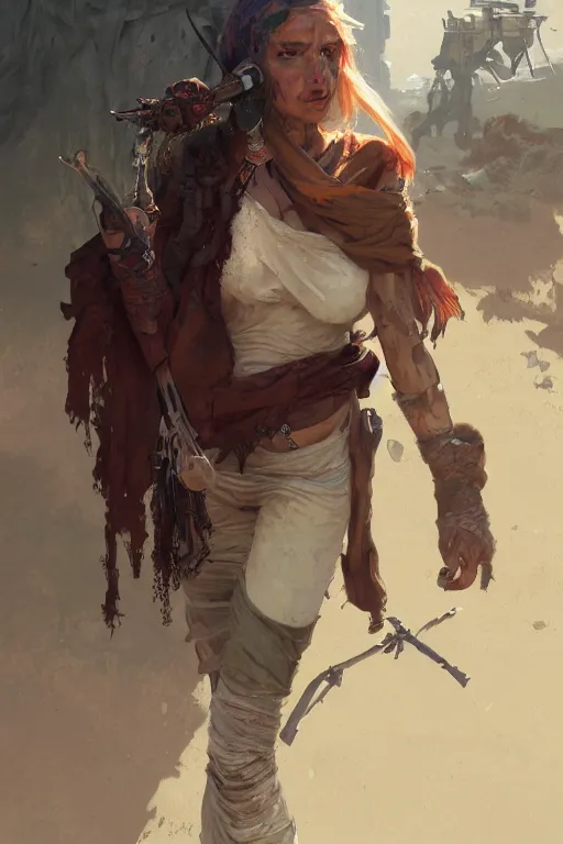 Image similar to a full body portrait of a beautiful post apocalyptic offworld rogues quarter bedouin blind pulp fiction scarlet wild rogue barbarian leper begging by the roadside, intricate, elegant, highly detailed, digital painting, artstation, concept art, smooth, sharp focus, illustration, art by krenz cushart and artem demura and alphonse mucha