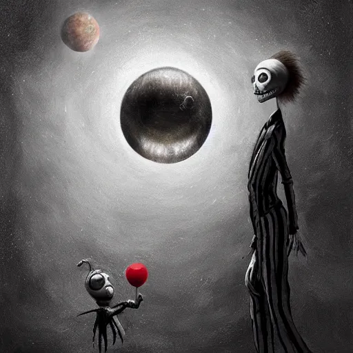 Image similar to michal karcz surrealism charcoal painting of the end of an astronaut happy in the galaxy. , in the style of jack skellington, in the style of a clown, loony toons style, horror theme, detailed, elegant, intricate, 4k, Renaissance painting
