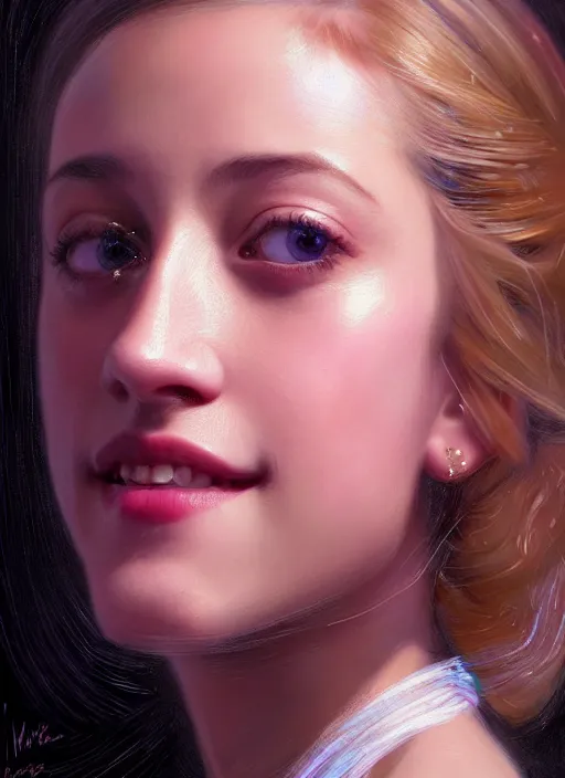 Image similar to portrait of lili reinhart, smiling kindly, bangs, 1 9 6 0 s, ponytail, bangs and ponytail, intricate, elegant, glowing lights, highly detailed, digital painting, artstation, concept art, smooth, sharp focus, illustration, art by wlop, mars ravelo and greg rutkowski