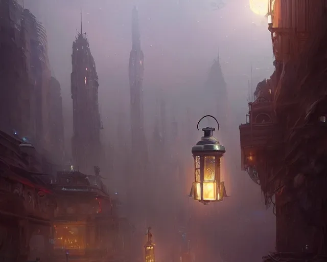 Image similar to great city of the lantern of time, a sci-fi digital painting by Greg Rutkowski and James Gurney, trending on Artstation, eerily beautiful, highly detailed