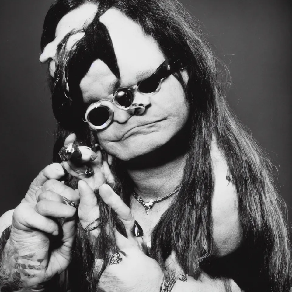 Image similar to a black and white studio portrait of a humanoid duck ozzy osbourne, studio lighting, tri - x