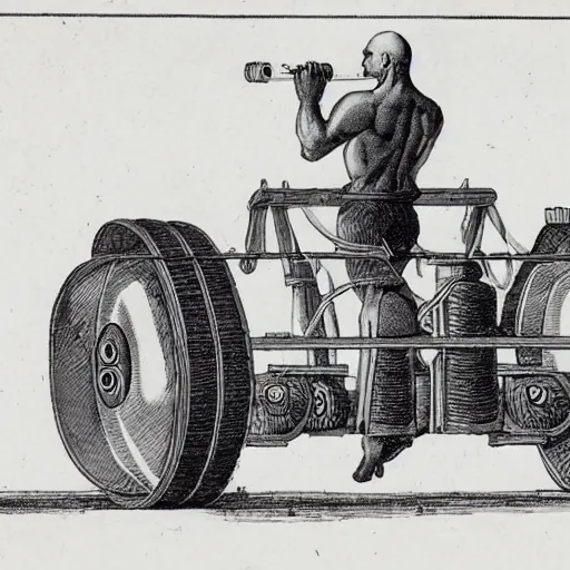 Image similar to a muscular bald man carrying engines on his back, technical diagram