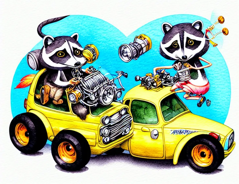 Image similar to cute and funny, racoon riding in a tiny hot rod with oversized engine, ratfink style by ed roth, centered award winning watercolor pen illustration, isometric illustration by chihiro iwasaki, edited by range murata, tiny details by artgerm and watercolor girl, symmetrically isometrically centered