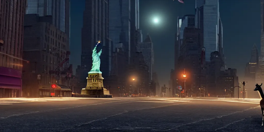 Image similar to a llama walking through a desolate manhattan city street at night, statue of liberty seen in the background, realistic 4 k octane beautifully detailed render, 4 k post - processing, highly detailed, detailed face, intricate complexity, epic composition, magical atmosphere, cinematic lighting, masterpiece, color picture, ultra hd