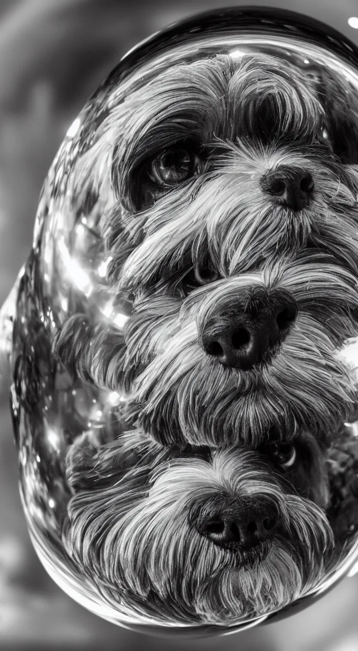 Image similar to fish eye lens portrait of one havanese dog reflected in a chrome sphere, ultra wide 8 mm, by m c escher pen and paper