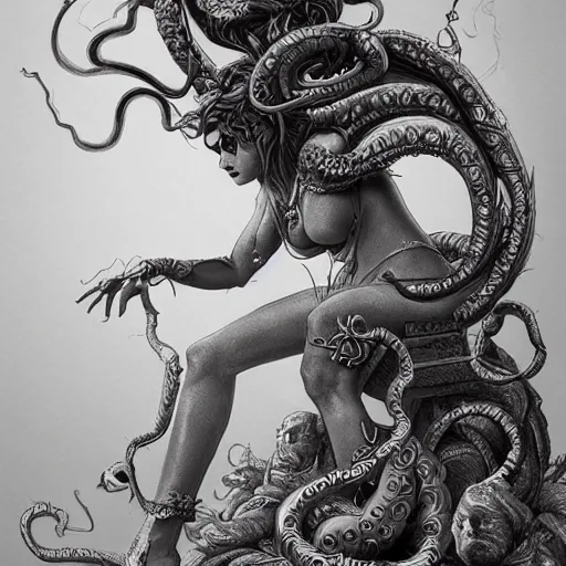 Image similar to intricate detailed artwork of medusa sat on a throne. concept art, artstation, deviantart, cgsociety. 4 k