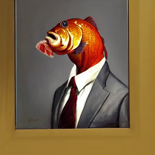 Image similar to a photorealistic oil painting portrait of a carp fish wearing a suit and tie