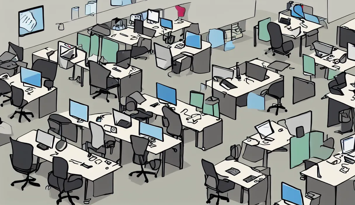 Image similar to a cartoon drawing of an office with desks chairs computers and other office equipment
