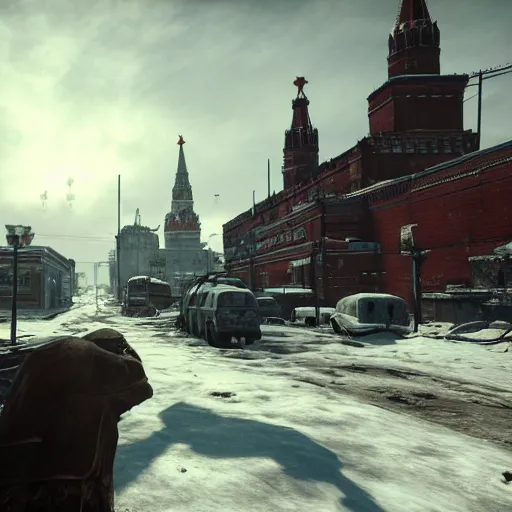 Image similar to Moscow Red Square post-nuclear war in the snow in Fallout 4, in game screenshot