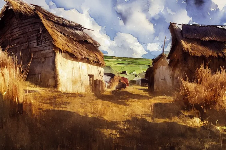 Prompt: paint brush strokes, abstract watercolor painting of rustic village at midday, straw roof, hay, viking town, ambient lighting, art by hans dahl, by jesper ejsing, art by anders zorn, wonderful masterpiece by greg rutkowski, cinematic light, american romanticism by greg manchess, creation by tyler edlin