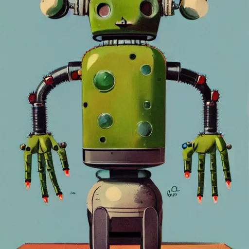 Prompt: a 1950s retro Cactus robot, with space above the head. Bionic cacti Arms and eyes. subject in frame, pop surrealism, muted colours. by Jean-Baptiste Monge, wide shot