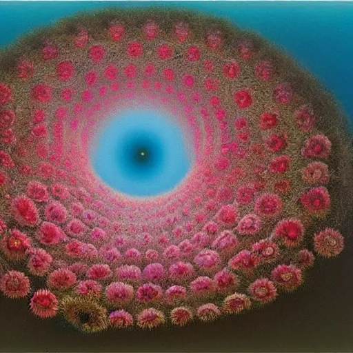 Prompt: a beautiful vortex made of flowers in the style of Zdzisław Beksiński,