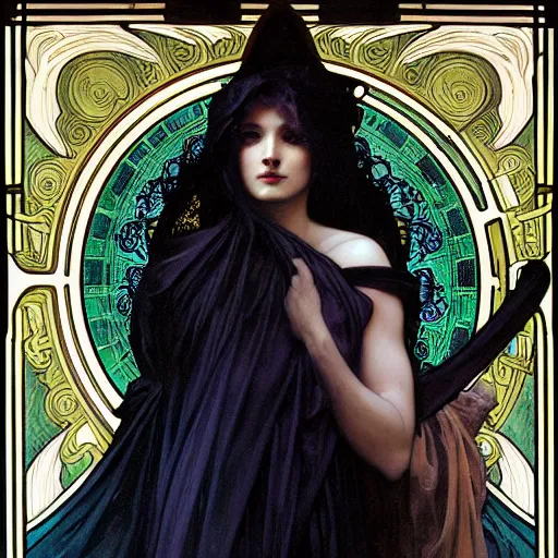 Prompt: awe-inspiring award-winning concept art nouveau painting of attractive figure in black shrouds as the goddess of the moonbow, rainbow, by Alphonse Mucha, Michael Whelan, William Adolphe Bouguereau, John Williams Waterhouse, and Donato Giancola, cyberpunk, extremely moody lighting, glowing light and shadow, atmospheric, shadowy, cinematic, 8K, n 9