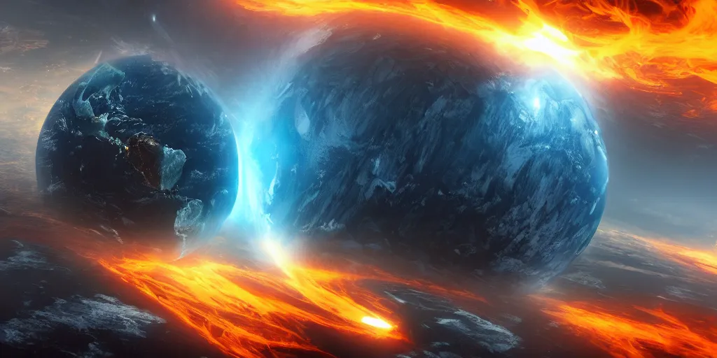 Prompt: planet earth on fire, digital, surrealistic, hyper details, unreal engine 5, epic lighting, blender render, 1 6 k,