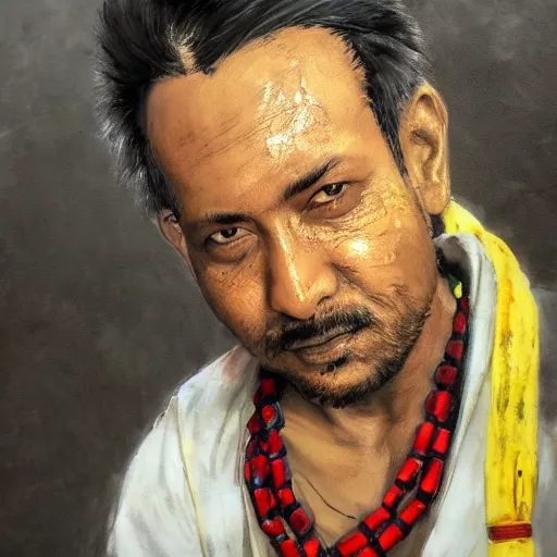 Image similar to portrait of sajtama by yoji shinkawa, high quality, english man, extra details, realism, ornate, colored, golden chain, blood, white skin, short hair, brown eyes, vivid, sunlight, red headband, black eyepatch, white american soldier, painting, cybernetics, military