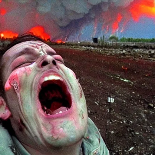 Prompt: selfie of a ukrainian screaming in pain and terrible injuries from a nuclear explosion, everything is on fire and radiation, in the background people look like zombies corpses and chocklets, a large nuclear explosion in the background