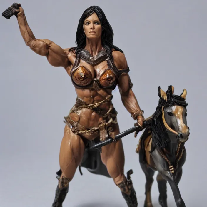 Prompt: 80mm resin detailed miniature of a Muscular Woman warrior standing next to a Horse, beautiful bone structure, symmetrical facial features, Product Introduction Photos, 4K, Full body, simple background