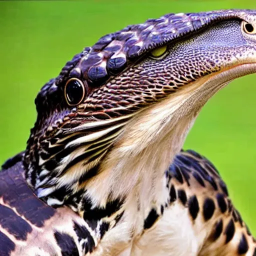 Image similar to hawk and crocodile morphed together, half crocodile, half hawk, real picture taken in zoo, realistic hawk proportions, head of crocodile is seamlessly merged with hawk head, toothy beak,