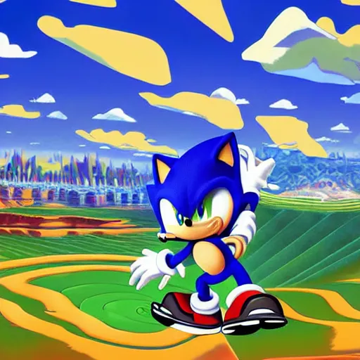 Prompt: Trippy matte painting of a Sonic the hedgehog, Green Hill Zone, in the style of Sachin Teng