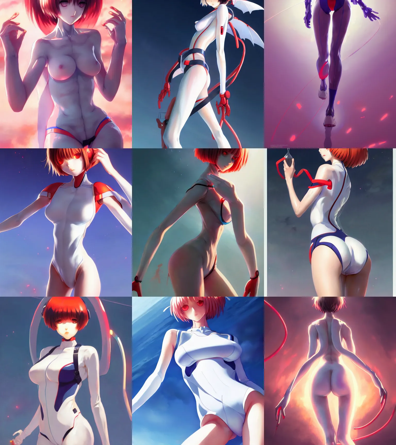 Prompt: attractive Ayanami Rei from Evangelion, thigh focus, juicy legs, evangelion plugsuit, hourglass slim figure, accentuated hips, medium body close up, attractive features, details, sharp focus, illustration, by Jordan Grimmer and greg rutkowski, Trending artstation, pixiv, digital Art