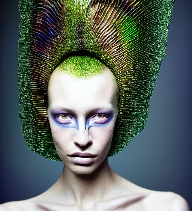 Image similar to photography face portrait of one female fashion model in rainforest, wearing one organic futurist cape designed by iris van herpen,, creative colorfull - makeup, curly hair style half _ long, photography by paolo roversi nick knight, helmut newton, avedon, and araki, sky forest background, natural pose, highly detailed, skin grain detail