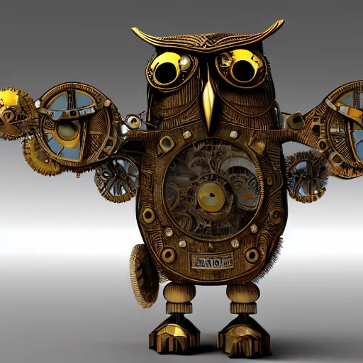 Image similar to 3D render of highely detailed steampunk mechanical owl robot