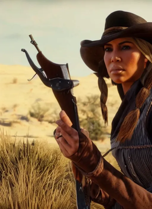 Image similar to film still of kim kardashian as Sadie Adler in rdr2.